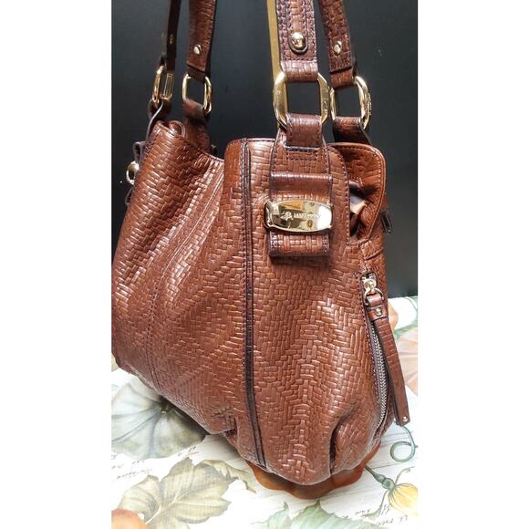 B. MAKOWSKY Brown Leather Woven Hobo Shoulder Purse Bag Designer Quality - Picture 3 of 5